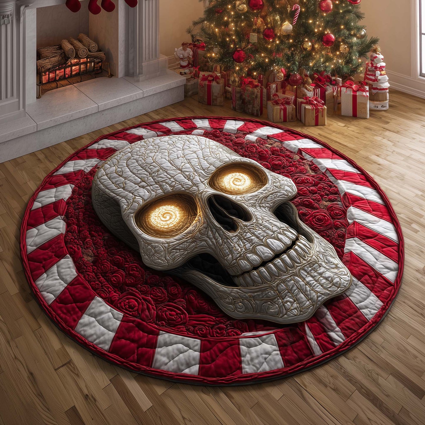 Candy Cane Skull Quilted Round Mat GFTOQM592
