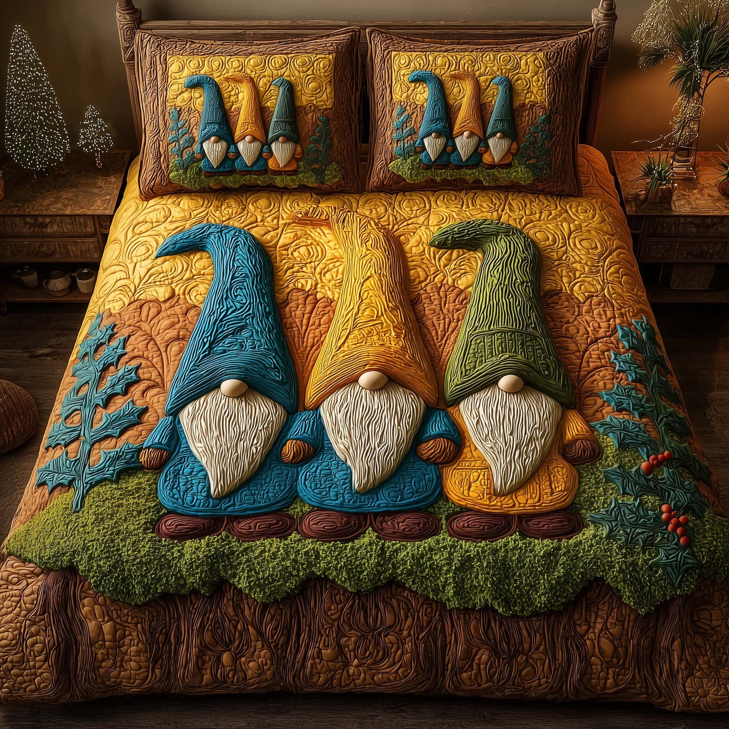 Colorful Gnomes 3-Piece Quilted Bedding Set  GFTOQM609