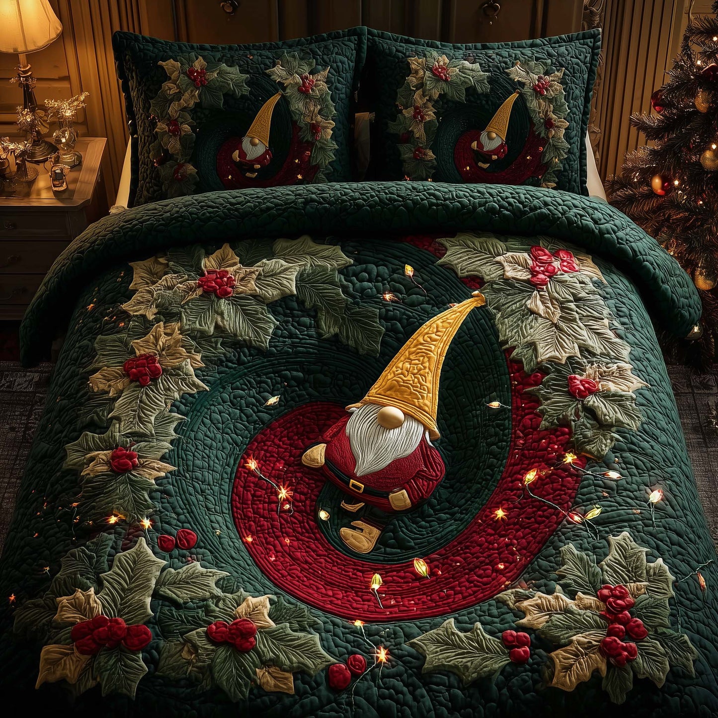 Holly Gnome 3-Piece Quilted Bedding Set  GFTOQM611