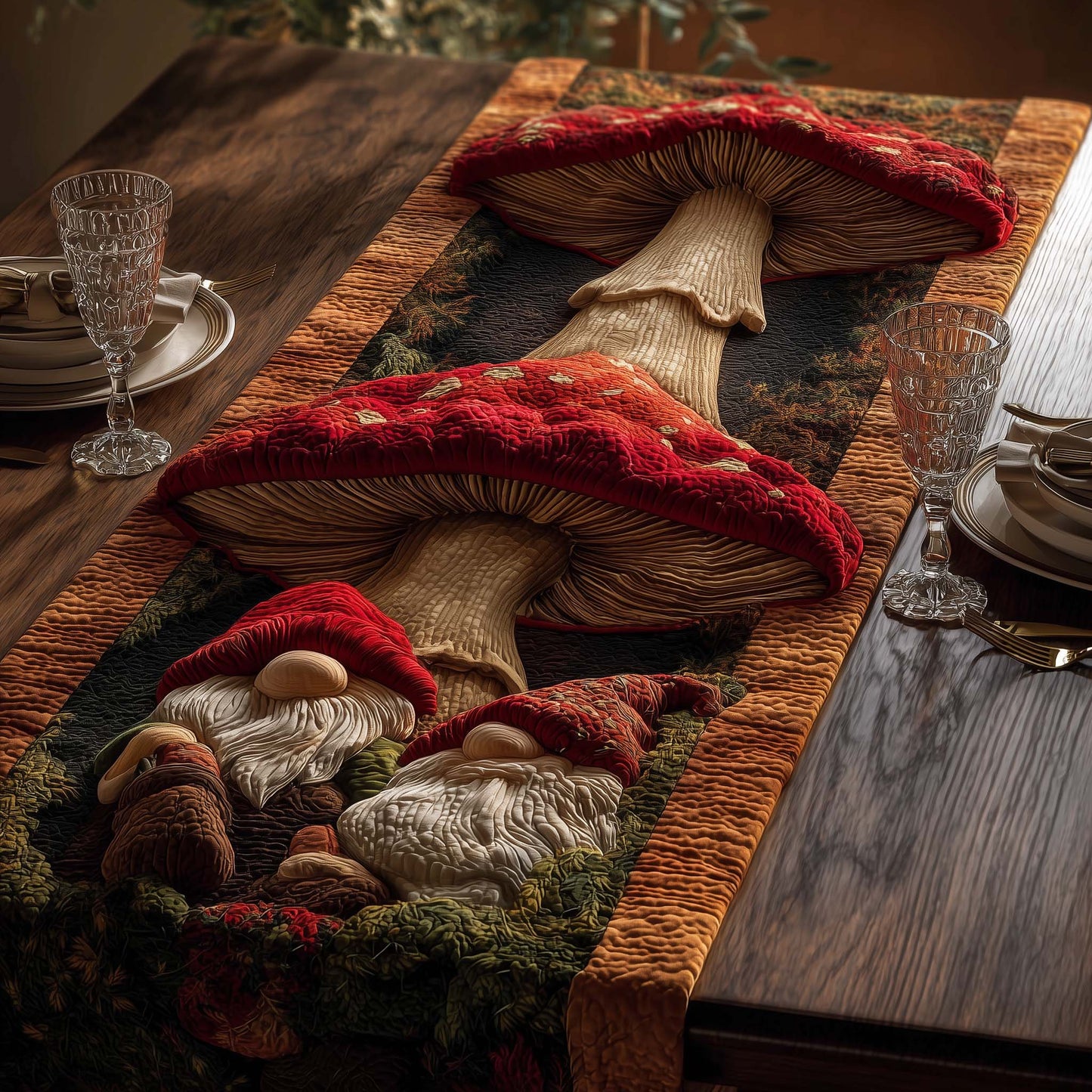 Mushroom Gnomes Quilted Table Runner GFTOQM644