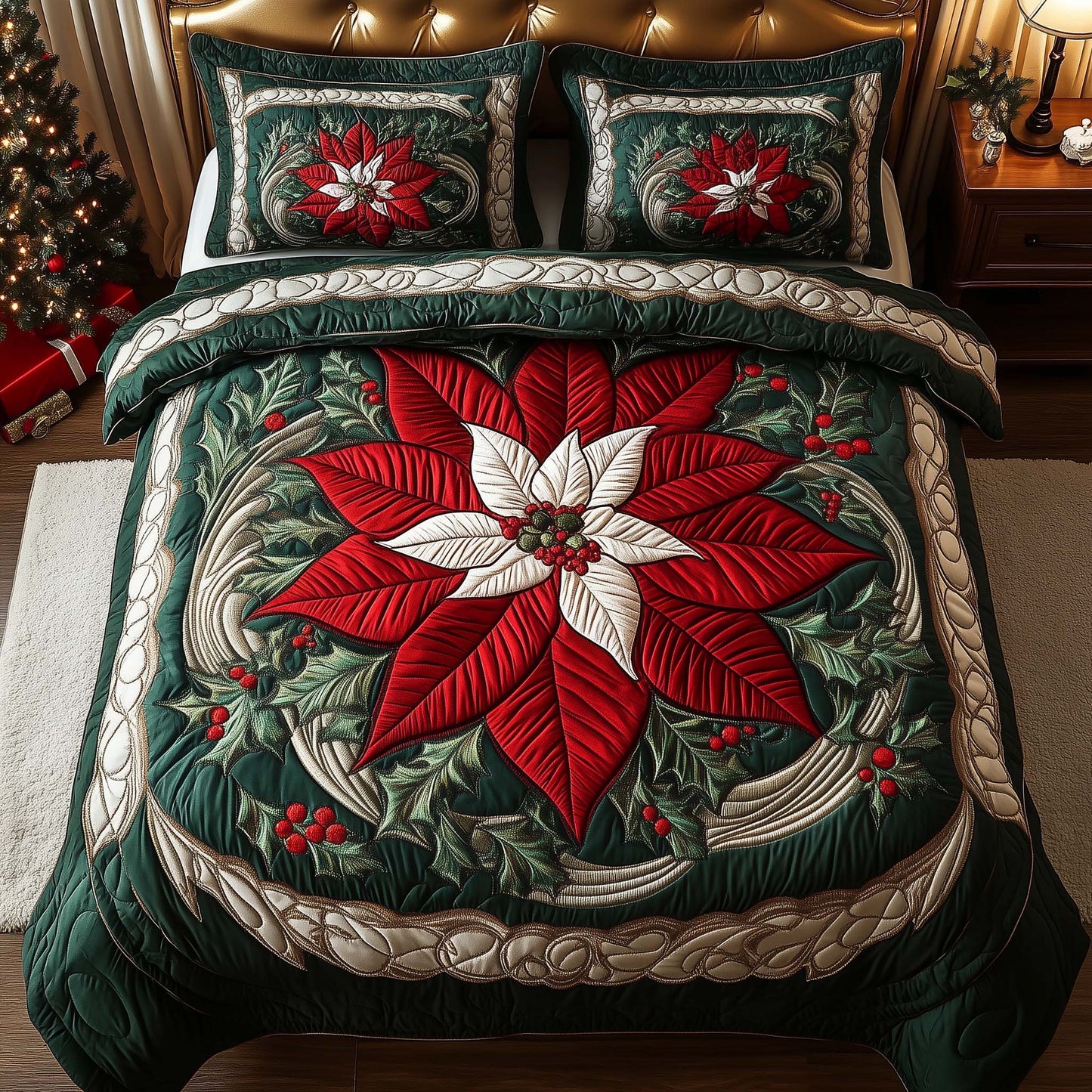 Poinsettia 3-Piece Quilted Bedding Set GFTOQM676