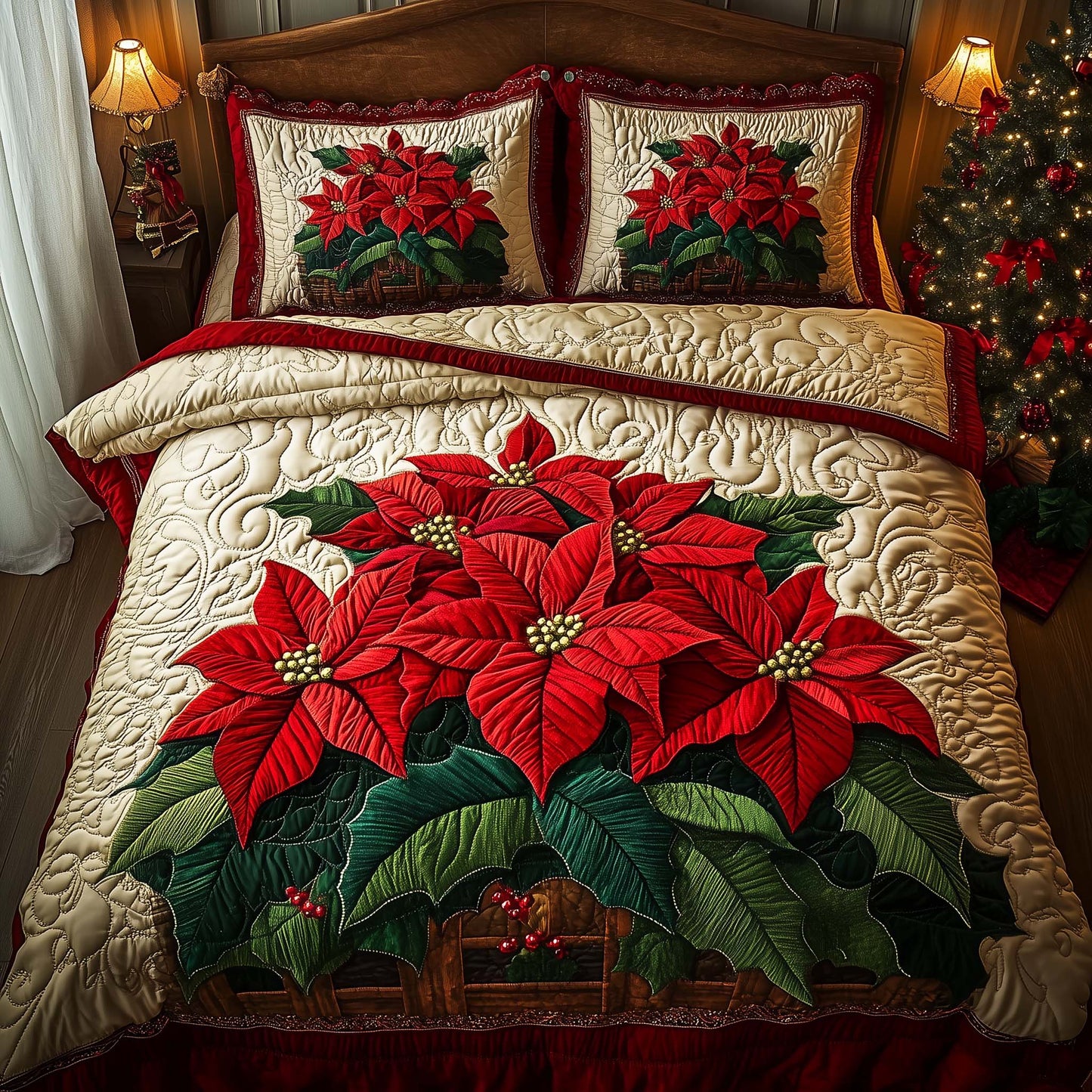 Yellow Poinsettia 3-Piece Quilted Bedding Set GFTOQM678