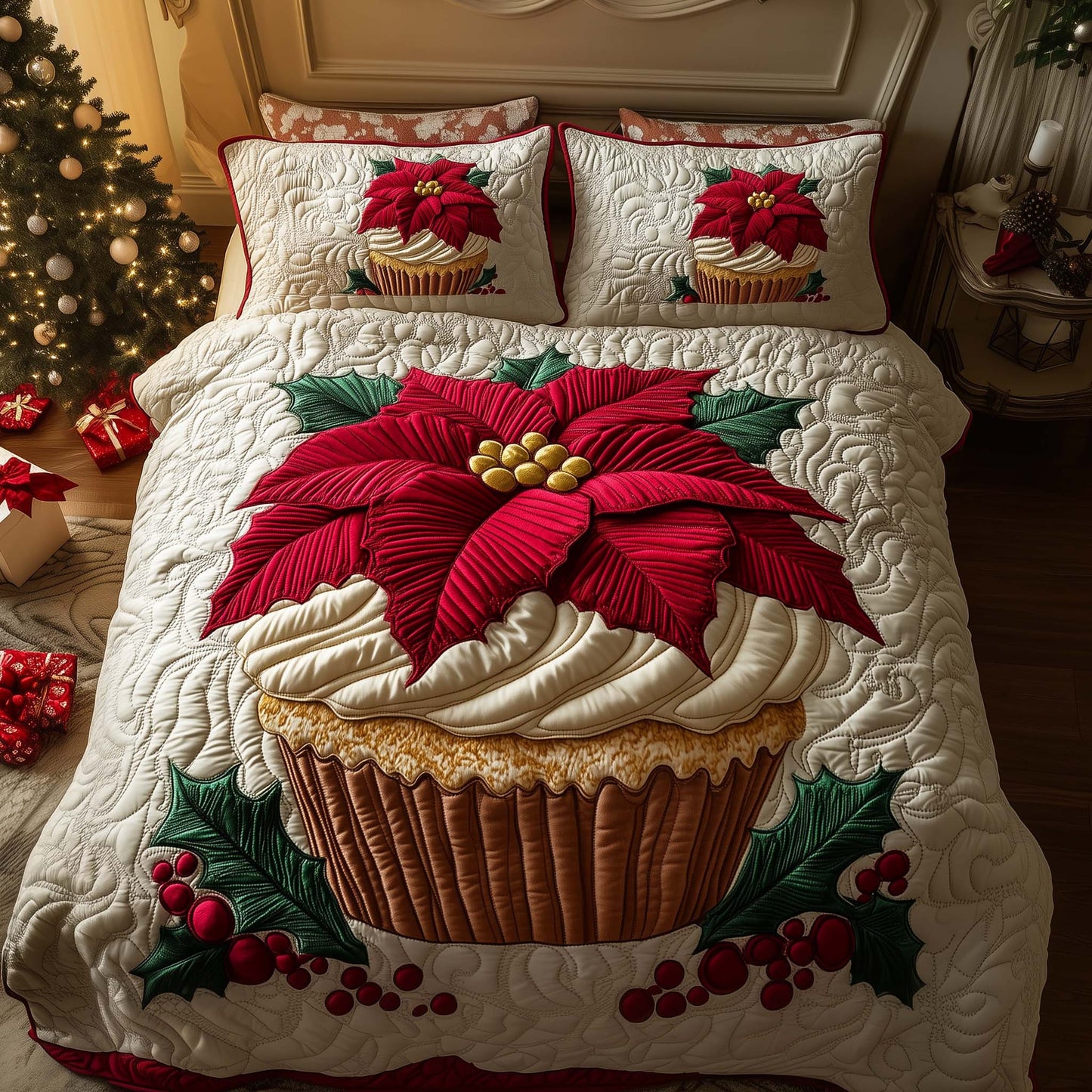 Poinsettia Cupcake 3-Piece Quilted Bedding Set GFTOQM679