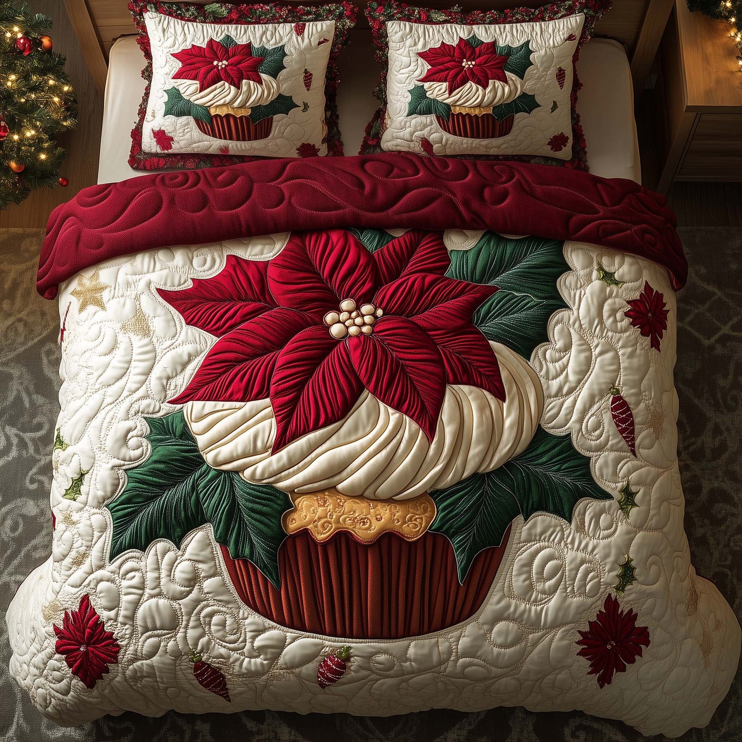 Poinsettia Cupcake 3-Piece Quilted Bedding Set GFTOQM682