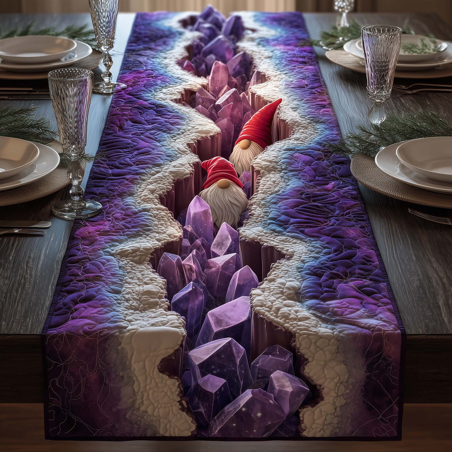 Purple Crystals Gnomes Quilted Table Runner GFTOQM693