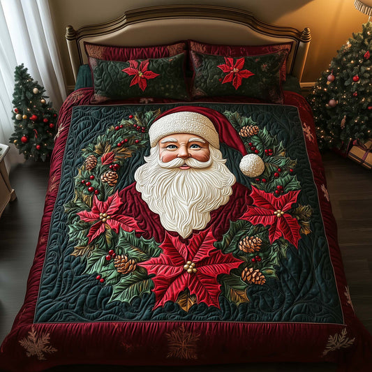 Poinsettia Santa 3-Piece Quilted Bedding Set GFTOQM736
