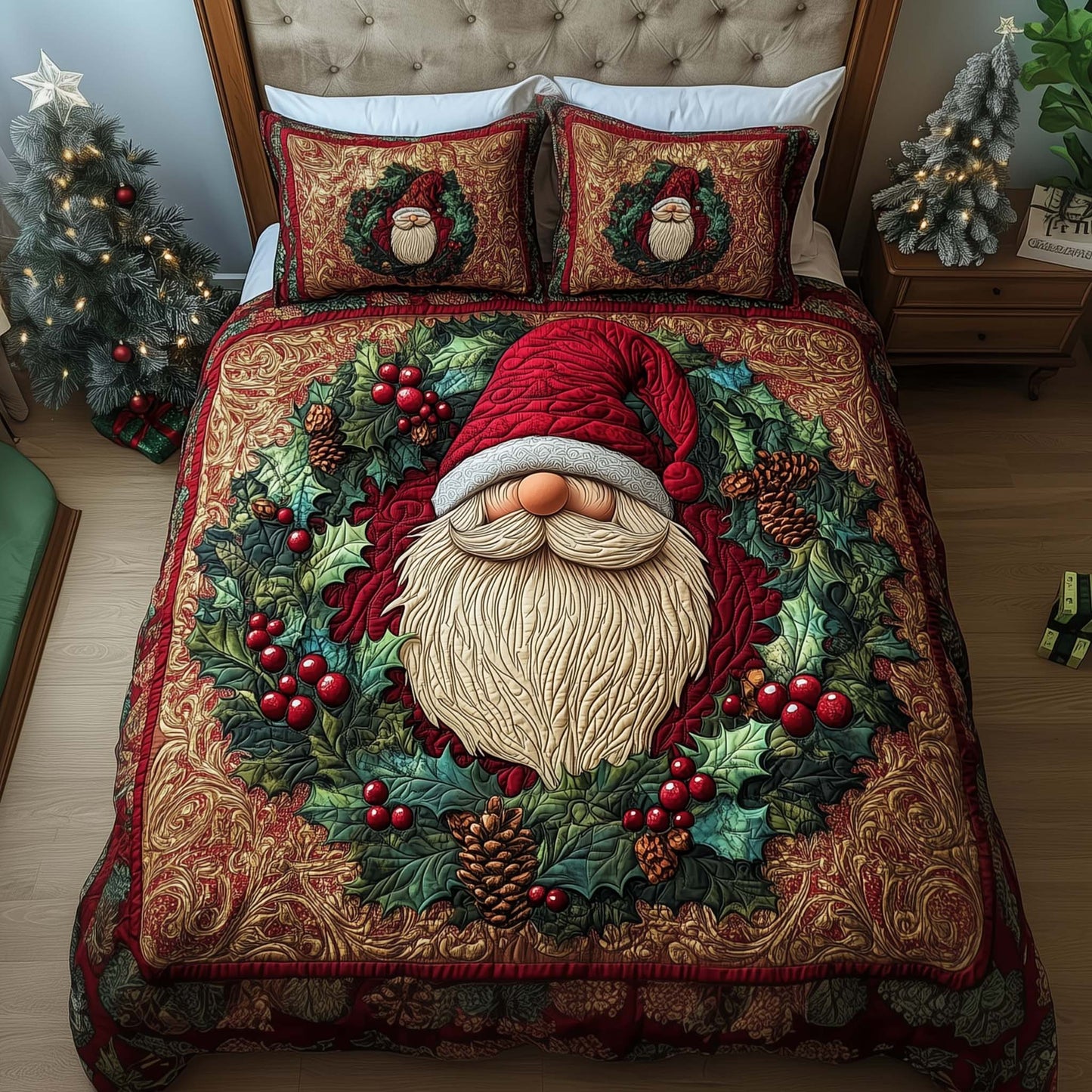 Wreath Gnome 3-Piece Quilted Bedding Set GFTOQM742