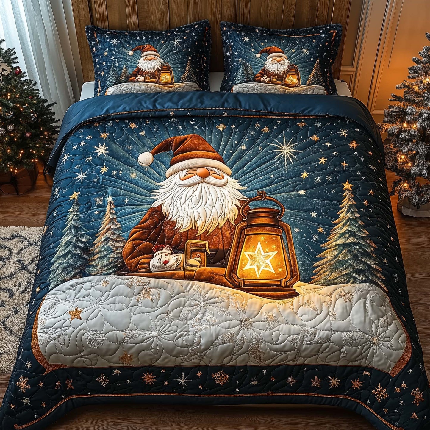 Lantern Santa 3-Piece Quilted Bedding Set GFTOQM746