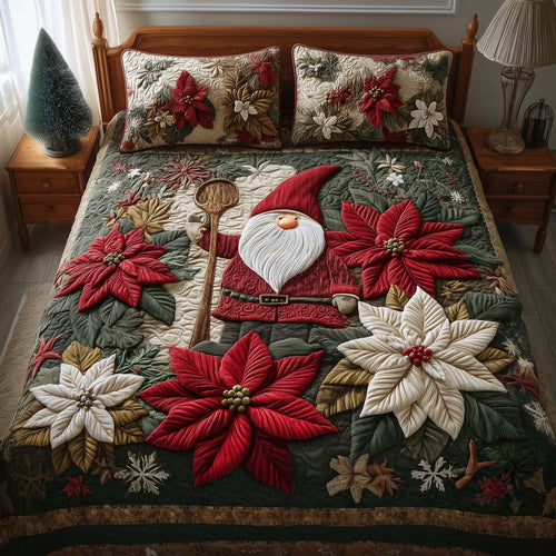 Poinsettia Gnome 3-Piece Quilted Bedding Set GFTOQM747