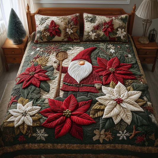 Poinsettia Gnome 3-Piece Quilted Bedding Set GFTOQM747