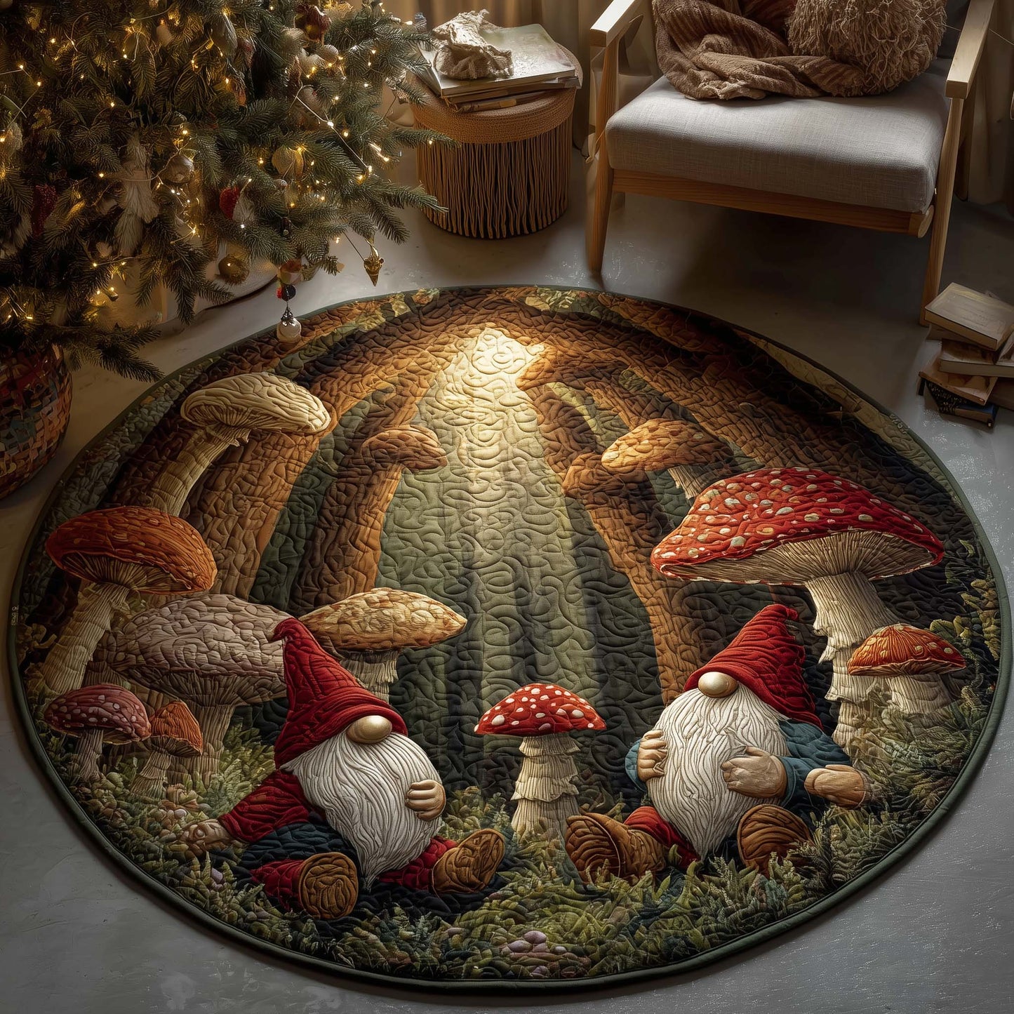 Mushroom Gnomes Quilted Round Mat GFTOQM753