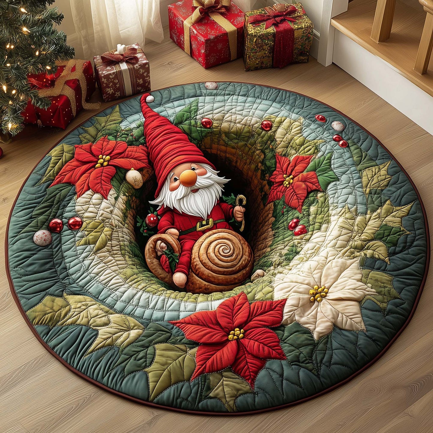 Poinsettia Gnome Quilted Round Mat GFTOQM754