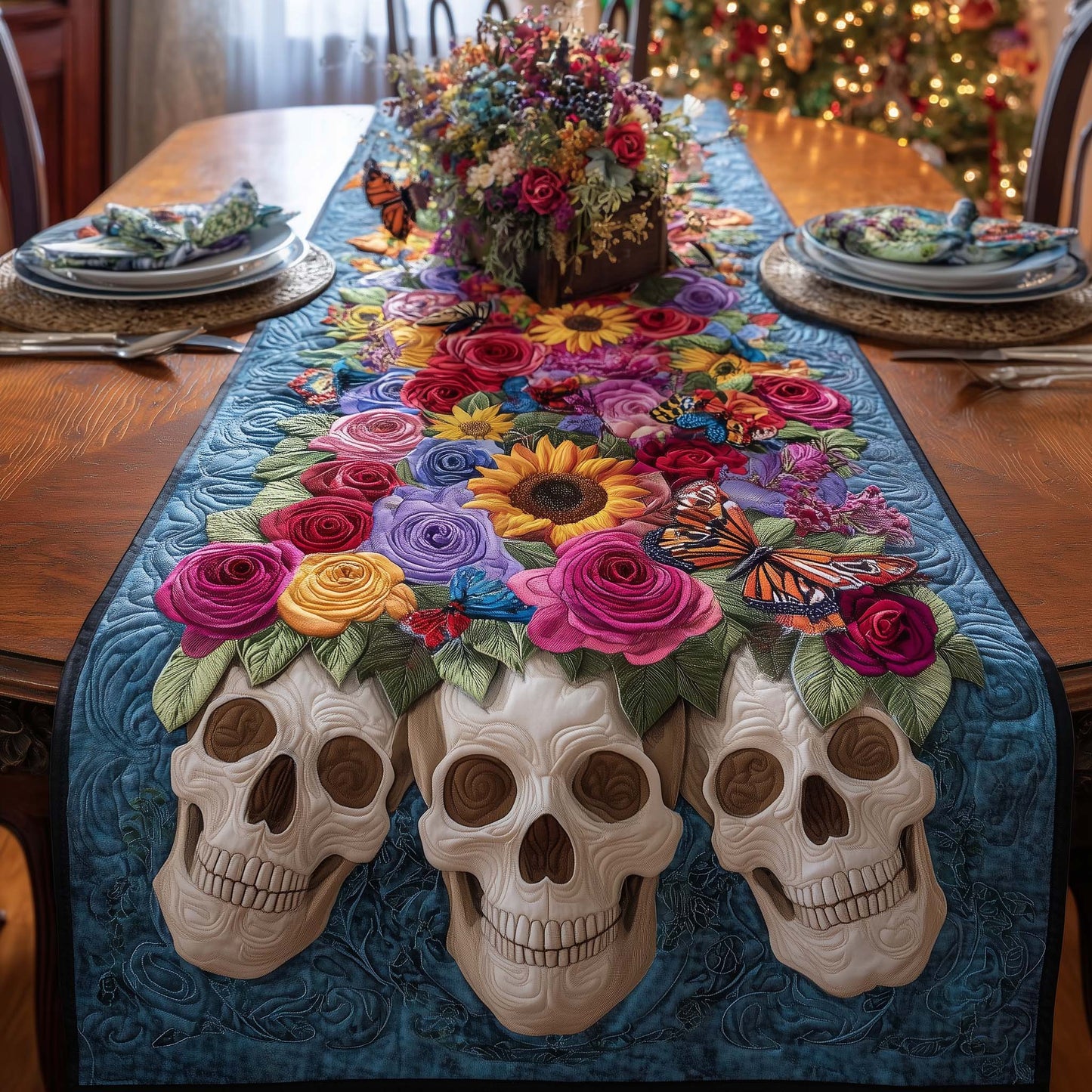 Floral Skulls Quilted Table Runner GFTOQM760