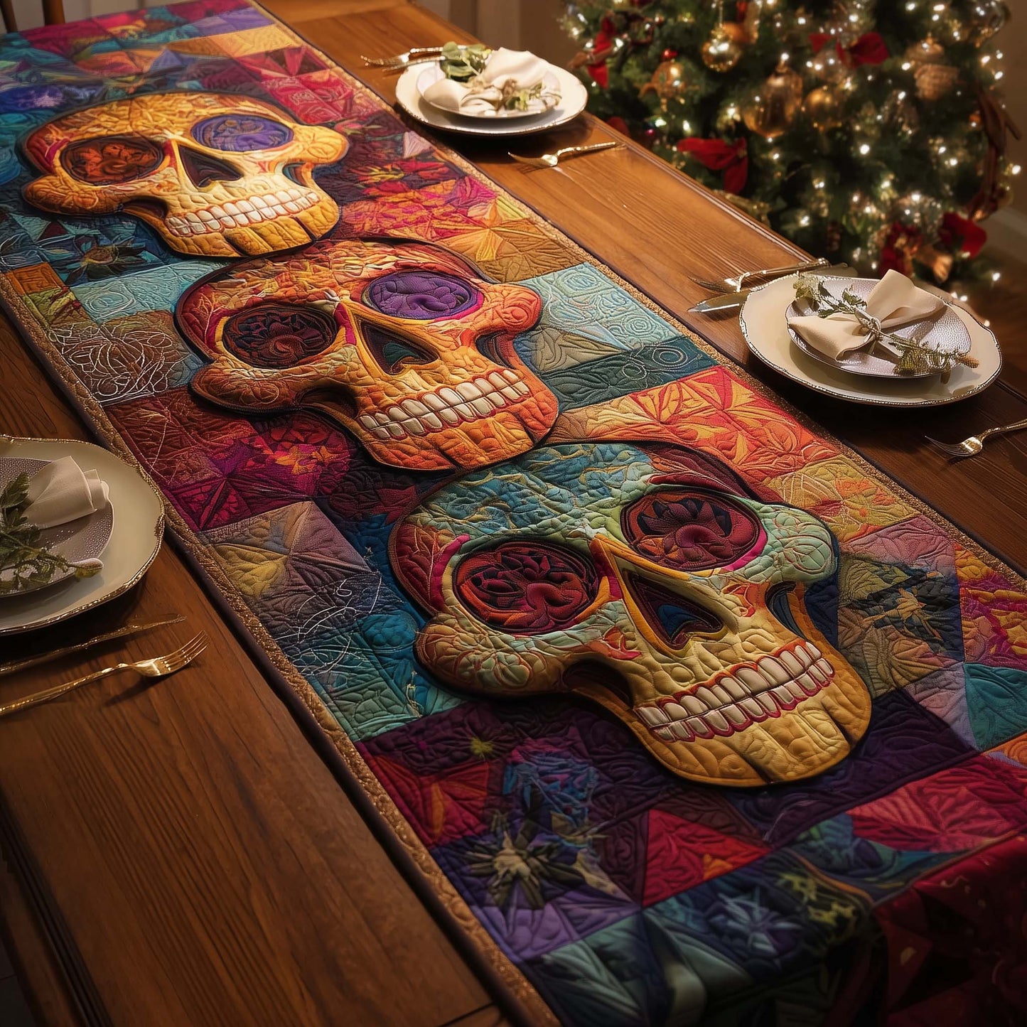 Colorful Skulls Quilted Table Runner GFTOQM761
