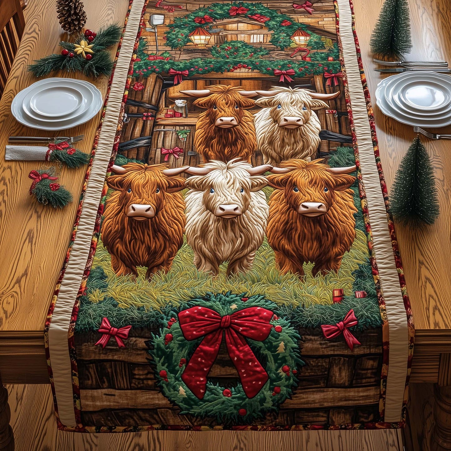 Wooden Stable Cows Quilted Table Runner GFTOQM789