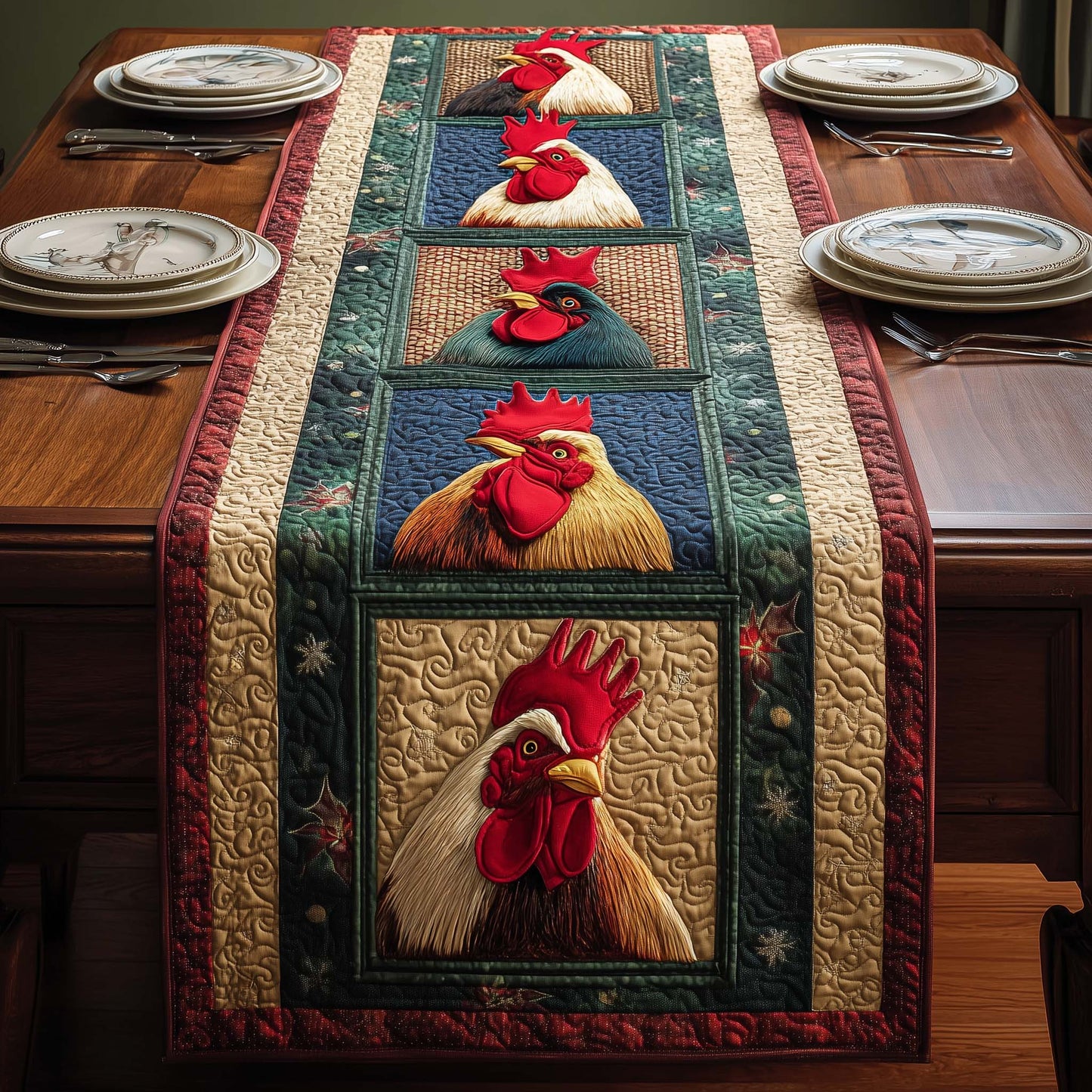 Framed Rooster Quilted Table Runner GFTOQM926