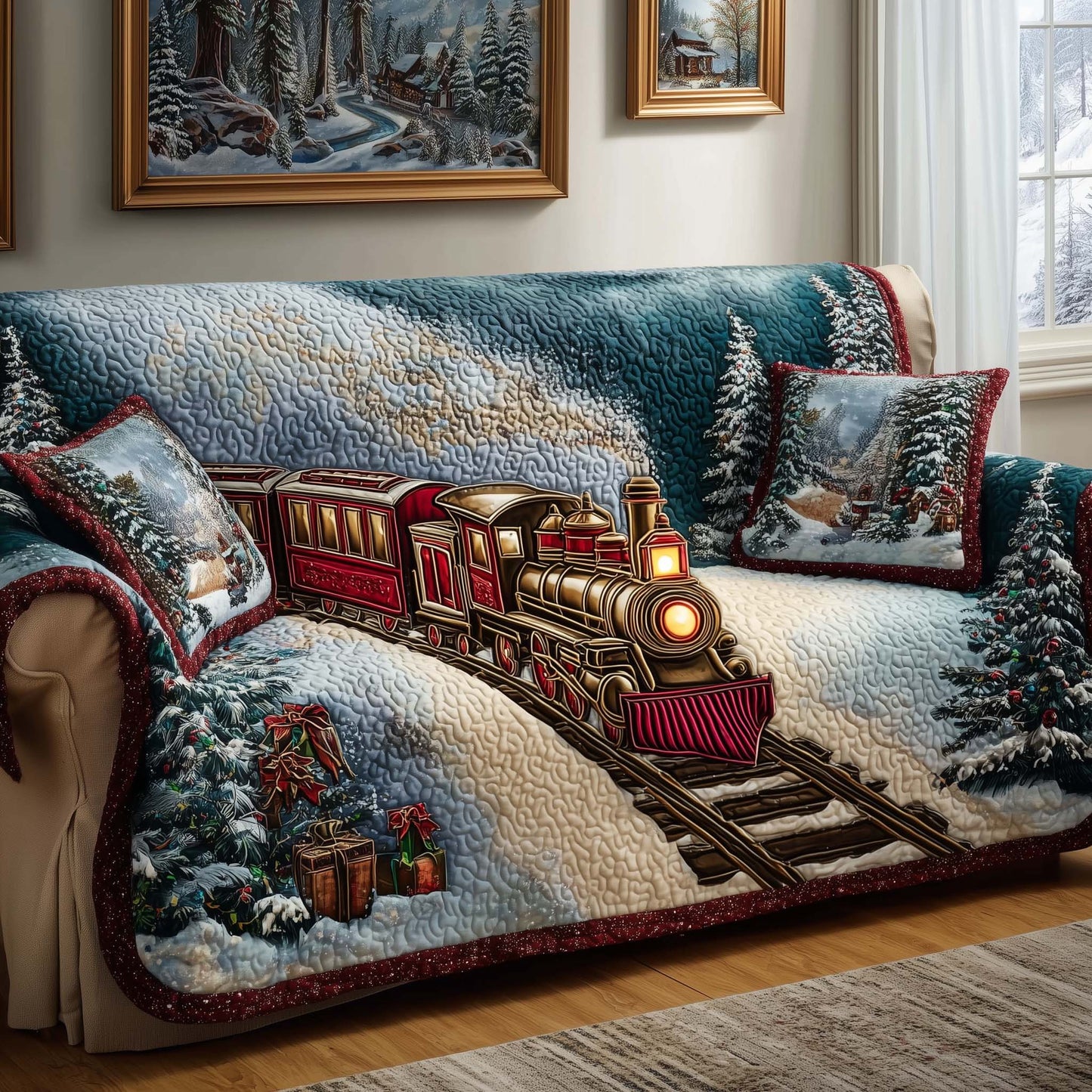 Snowy Train Quilted Sofa Cover GFTOQM959