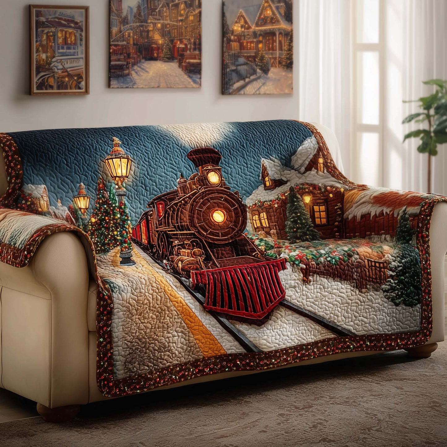 Village Train Quilted Sofa Cover GFTOQM966