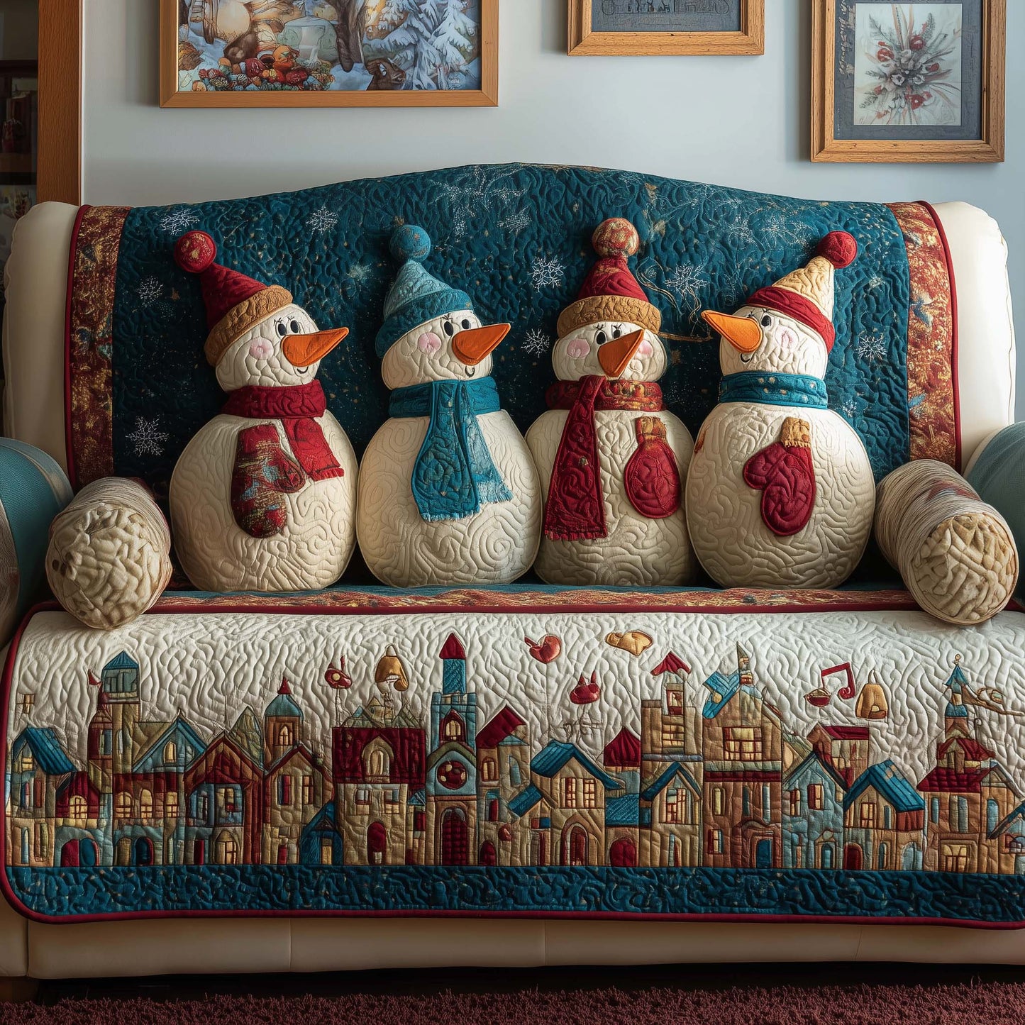 Village Snowmen Quilted Sofa Cover GFTOQM988