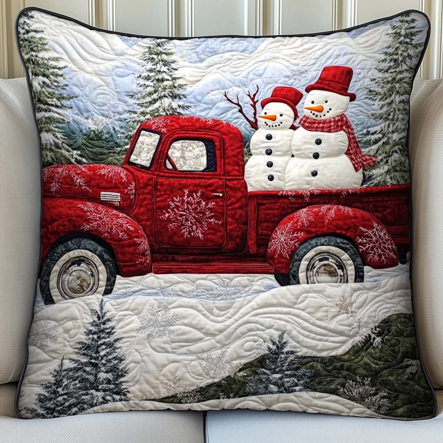 Snowman Red Truck Quilted Pillow Case GFTOQM989