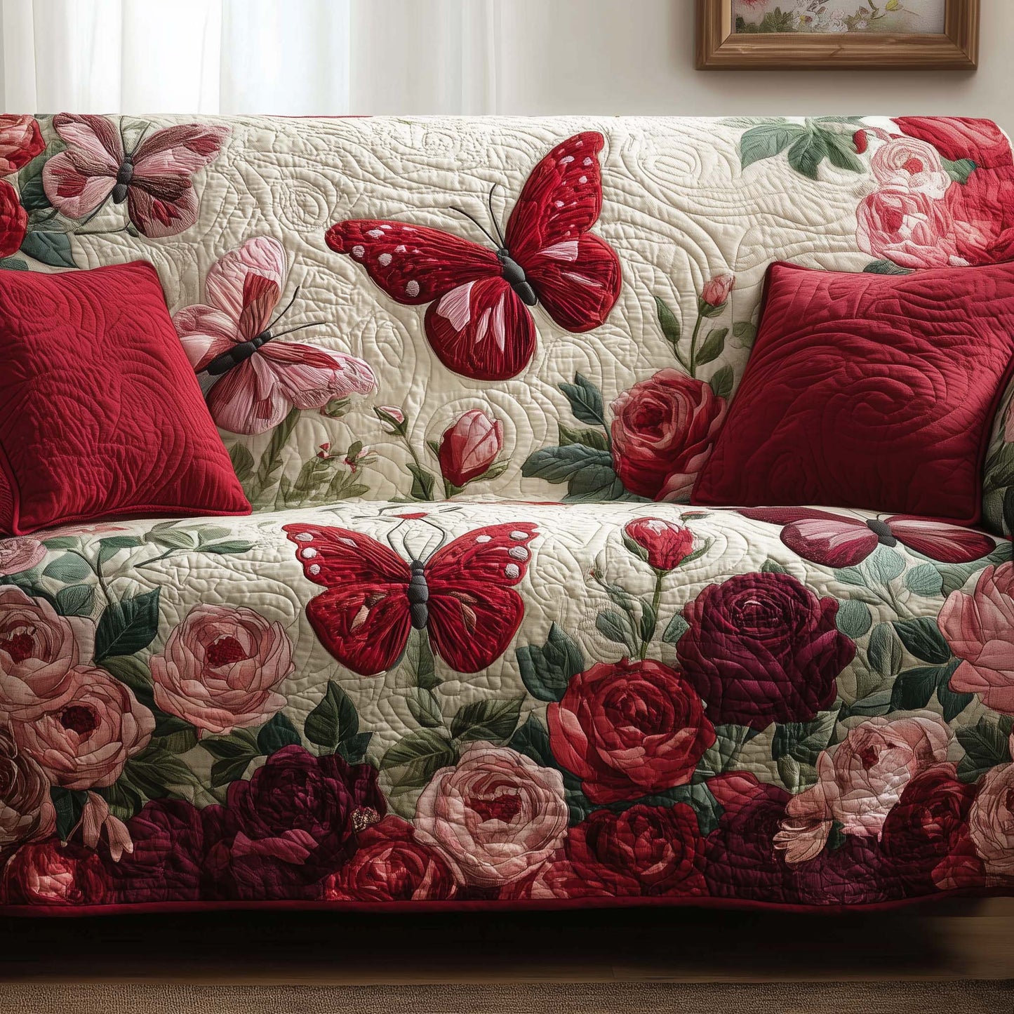 Crimson Butterflies Quilted Sofa Cover GFTOTG3033