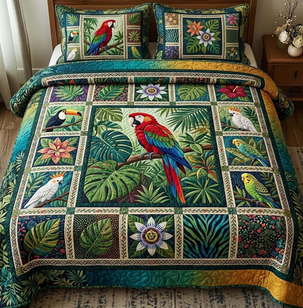 Tropical Parrots 3-Piece Quilted Bedding Set GFTOTG3715