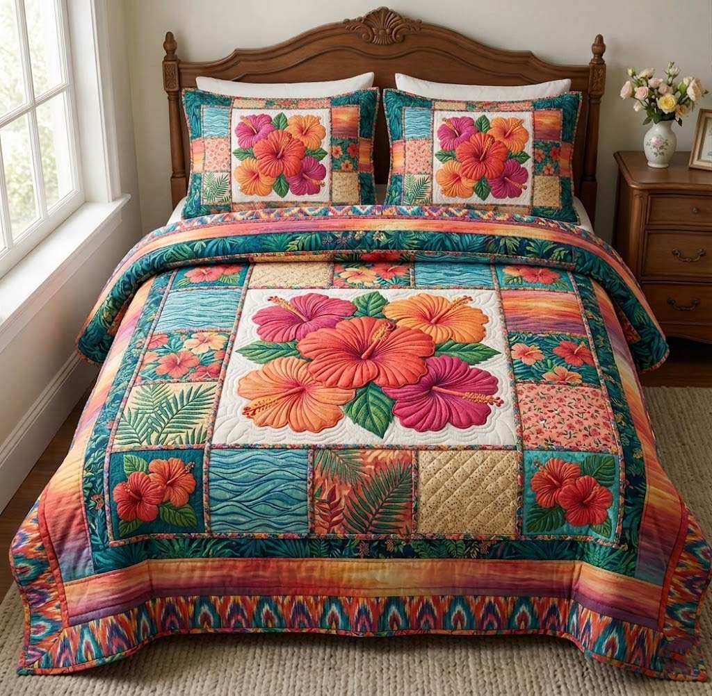 Hibiscus Whisper 3-Piece Quilted Bedding Set GFTOTG3716