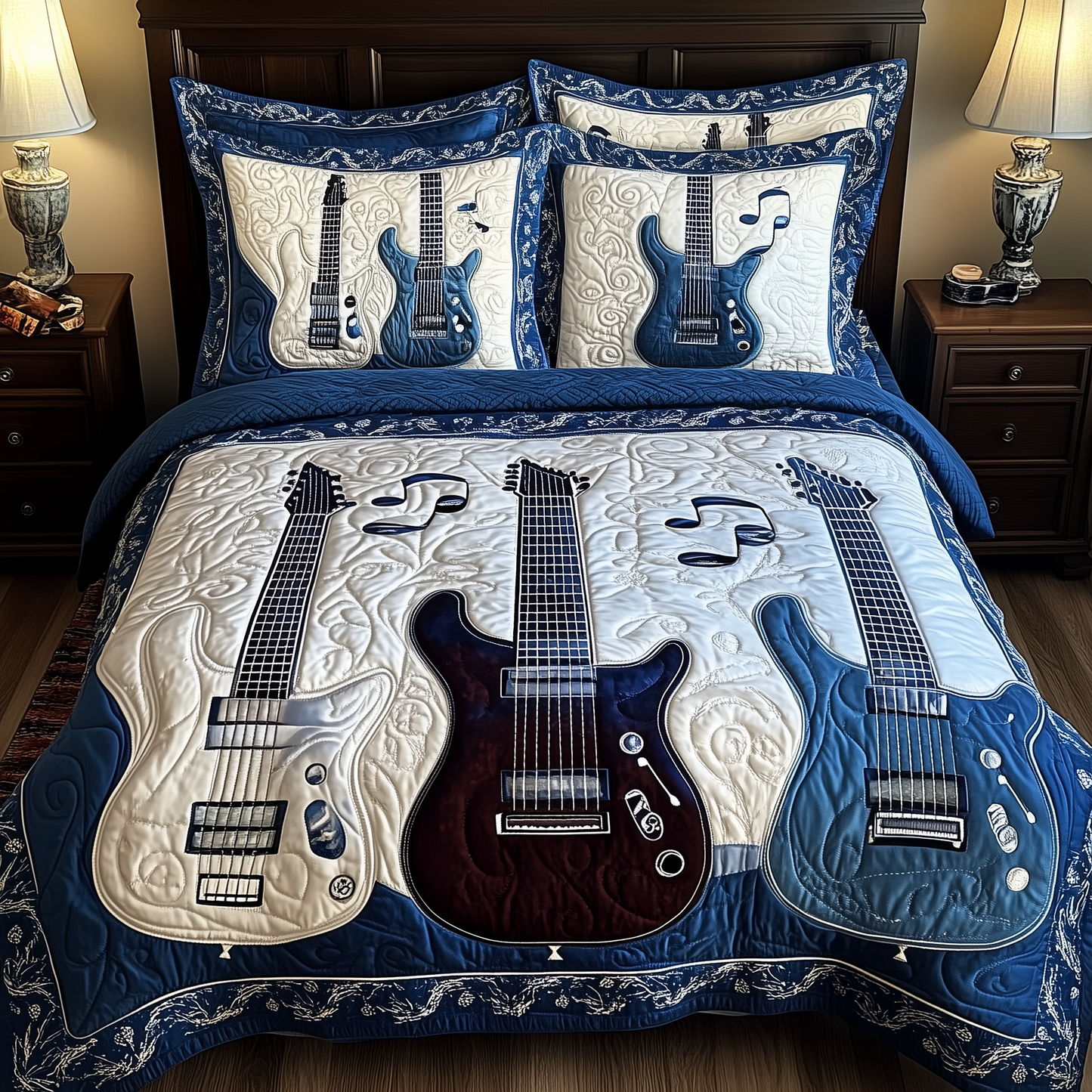 Blue Rock and Roll 3-Piece Quilted Bedding Set GFTOTL1685