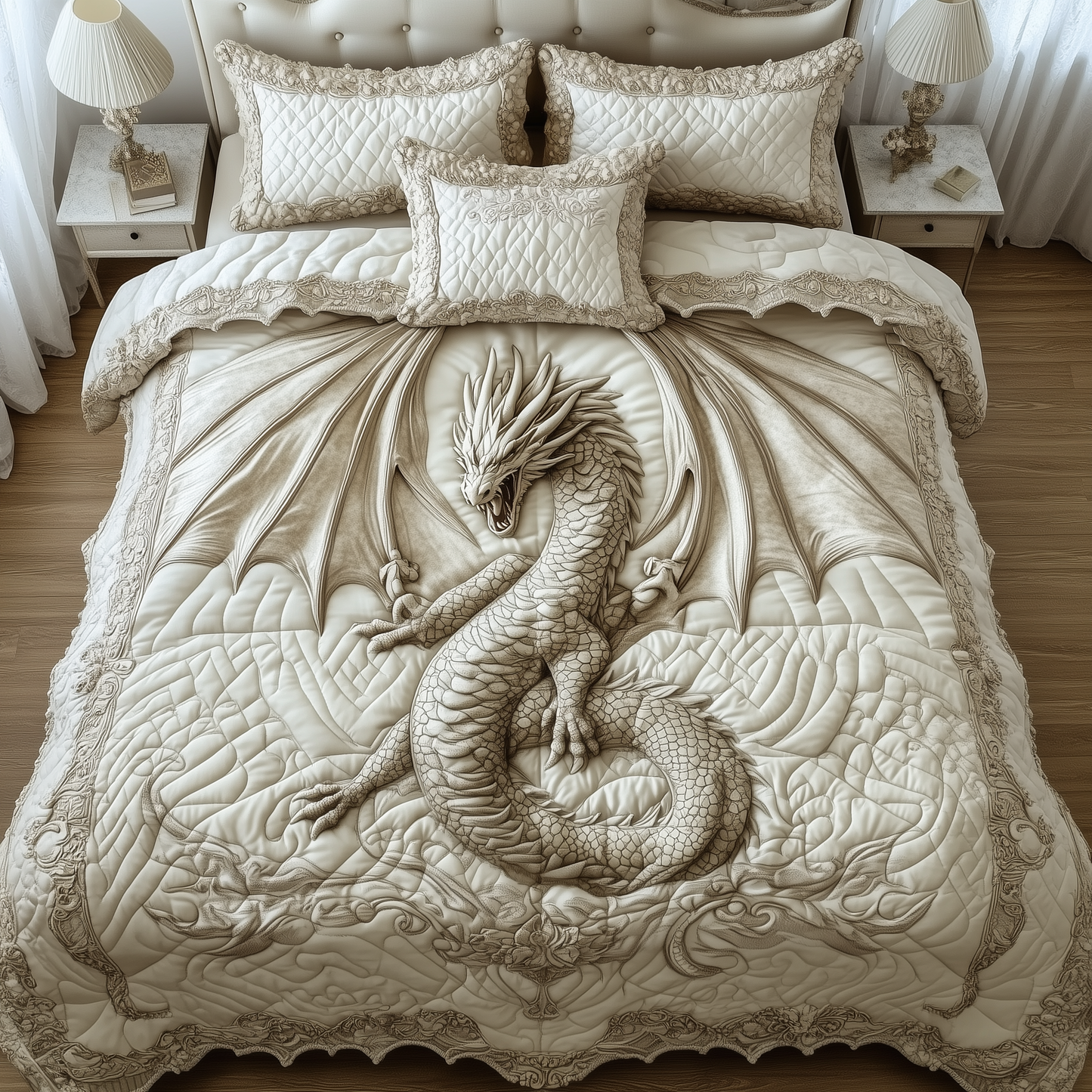 Magnificent White Dragon 3-Piece Quilted Bedding Set GFTOTL1991