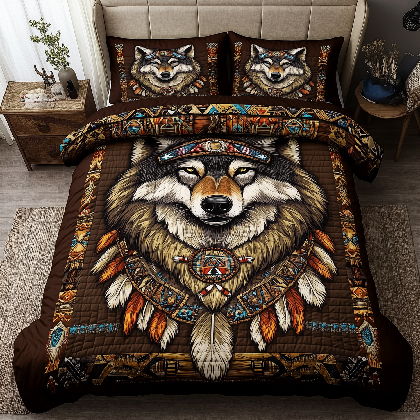 Native American Wolf 3-Piece Quilted Bedding Set GFTOTL2058