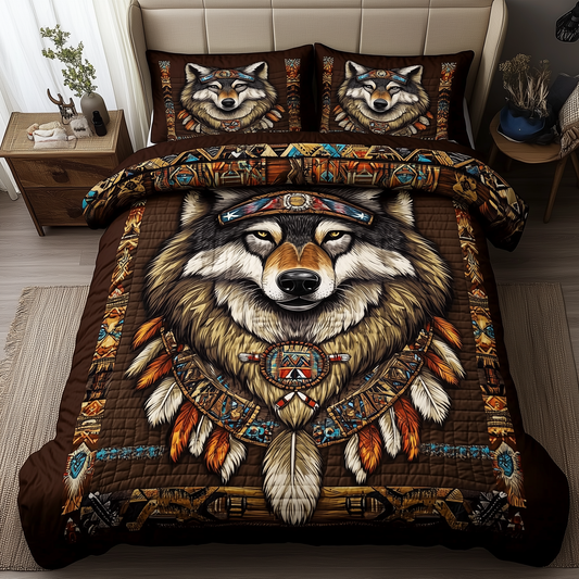 Native American Wolf 3-Piece Quilted Bedding Set GFTOTL2058