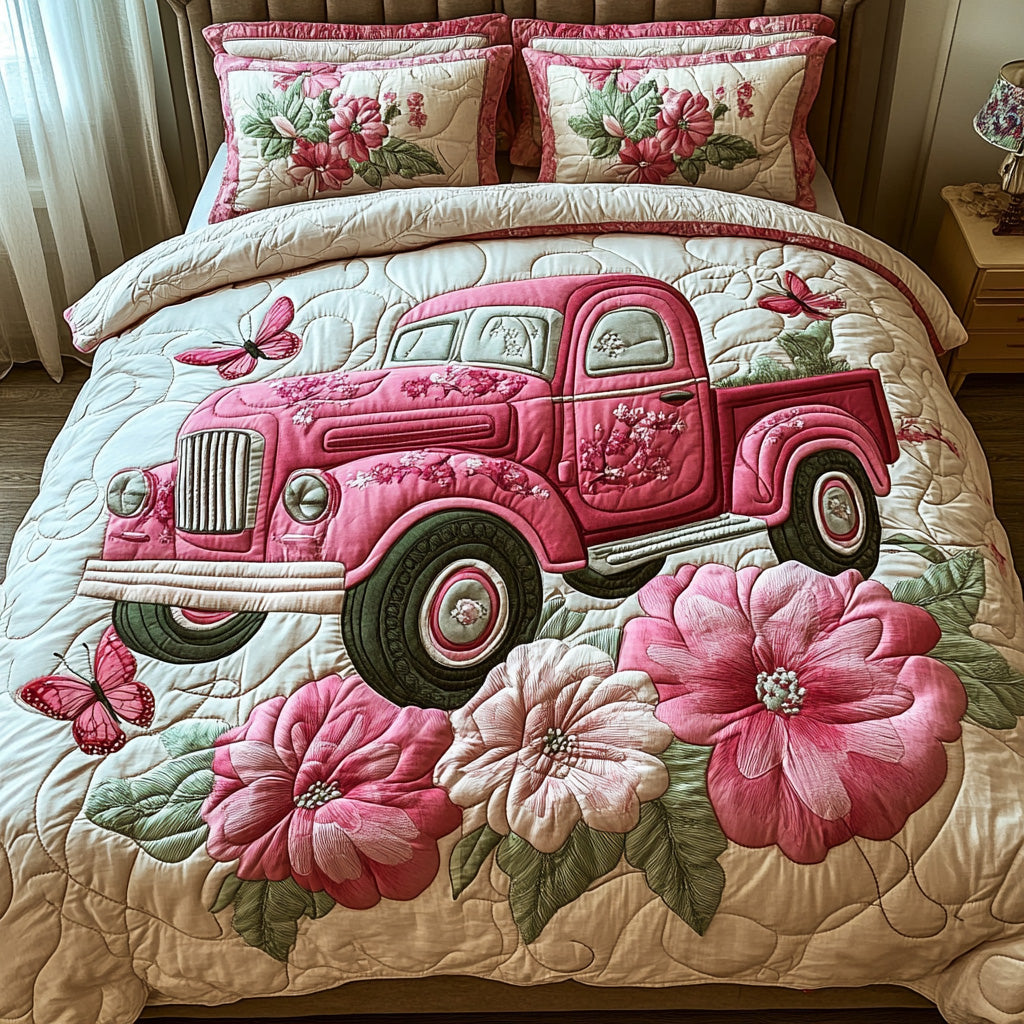 Vintage Spring Pink Truck 3-Piece Quilted Bedding Set GFTOTL2832