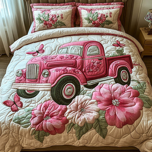 Vintage Spring Pink Truck 3-Piece Quilted Bedding Set GFTOTL2832