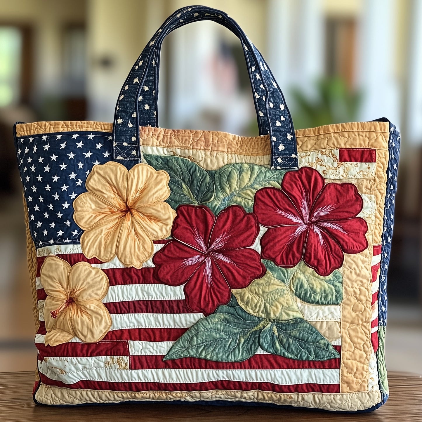 Stars Stripes and Hibiscus Quilted Tote Bag GFTOTL3784