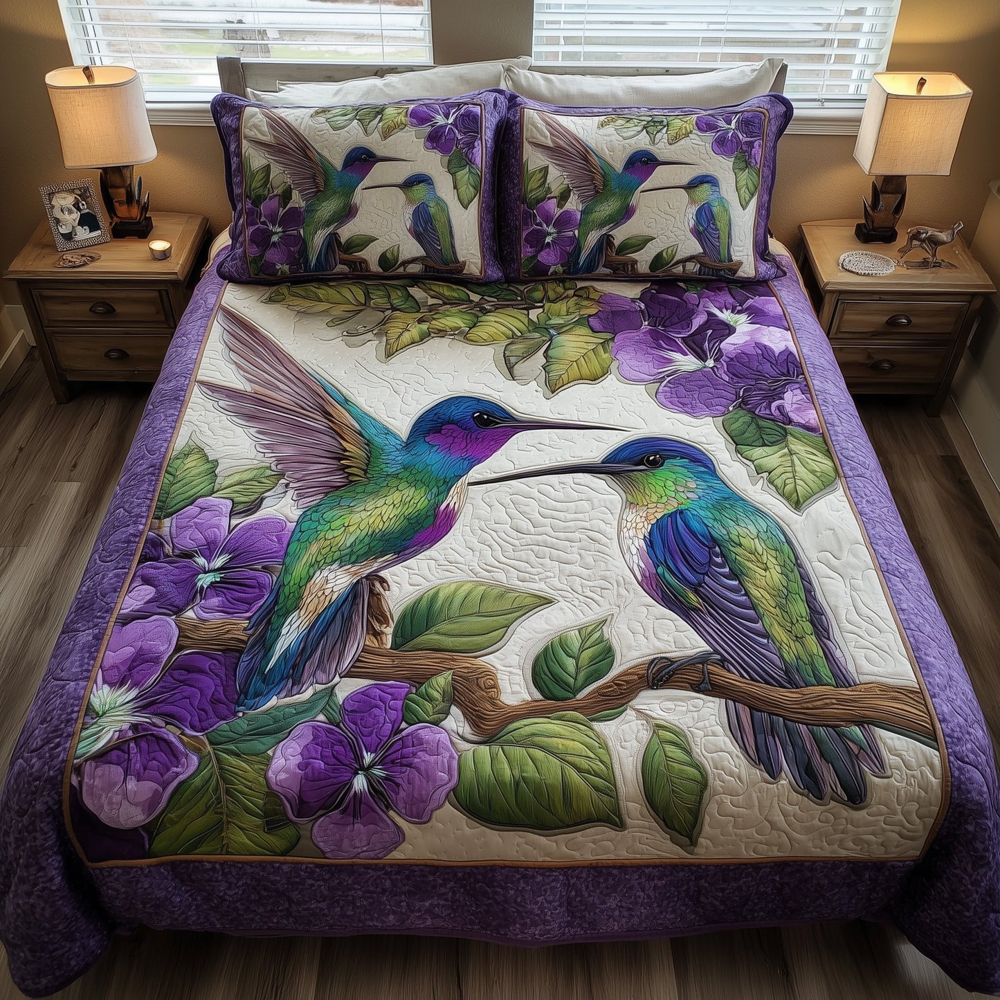 Amethyst Hummingbird Love 3-Piece Quilted Bedding Set GFTOTL3957