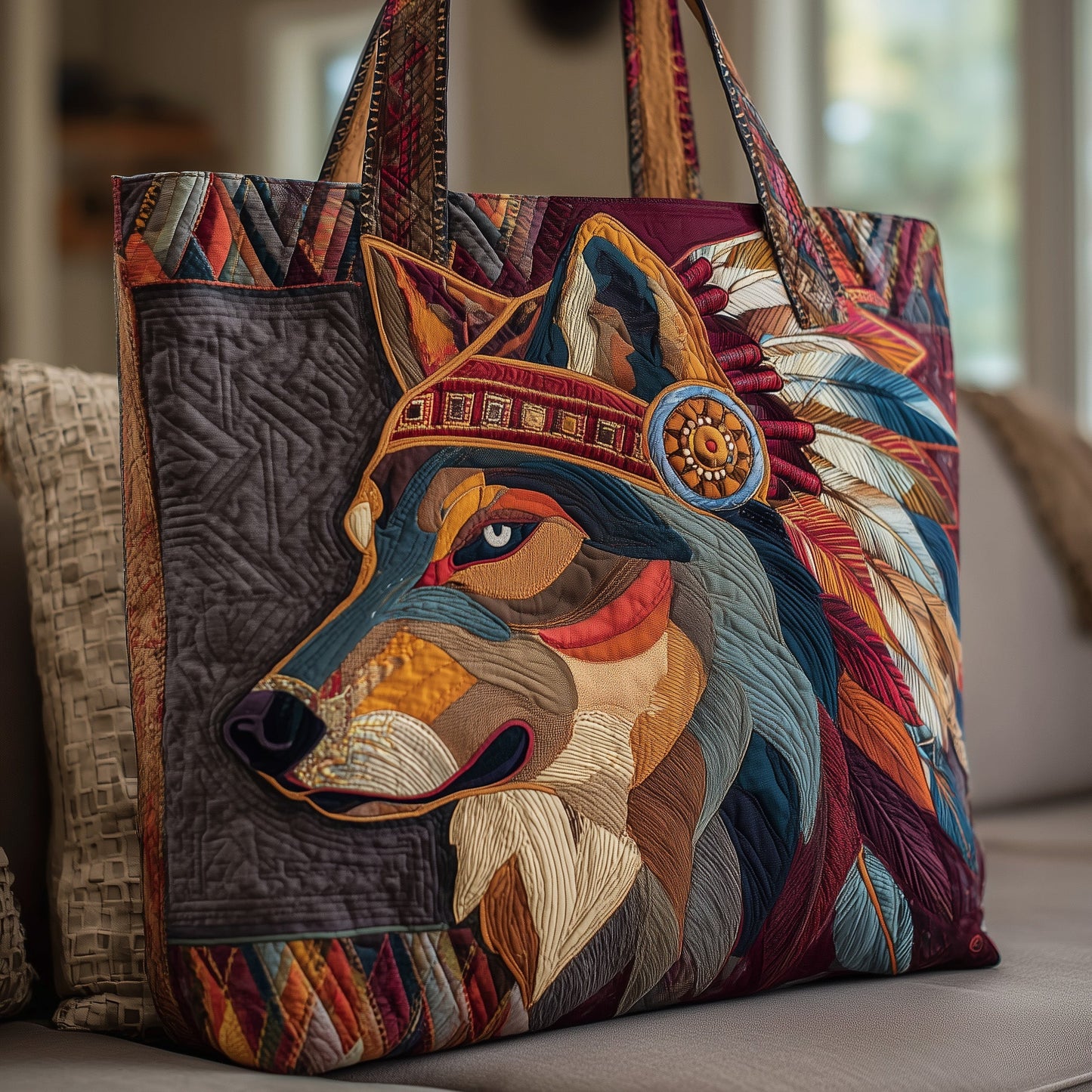 Native Wolf Quilted Tote Bag GFTOTP10089