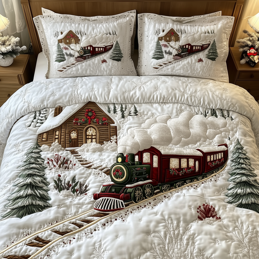 Vintage Train to Snowy Wonderland 3-Piece Quilted Bedding Set GFTOTP1049