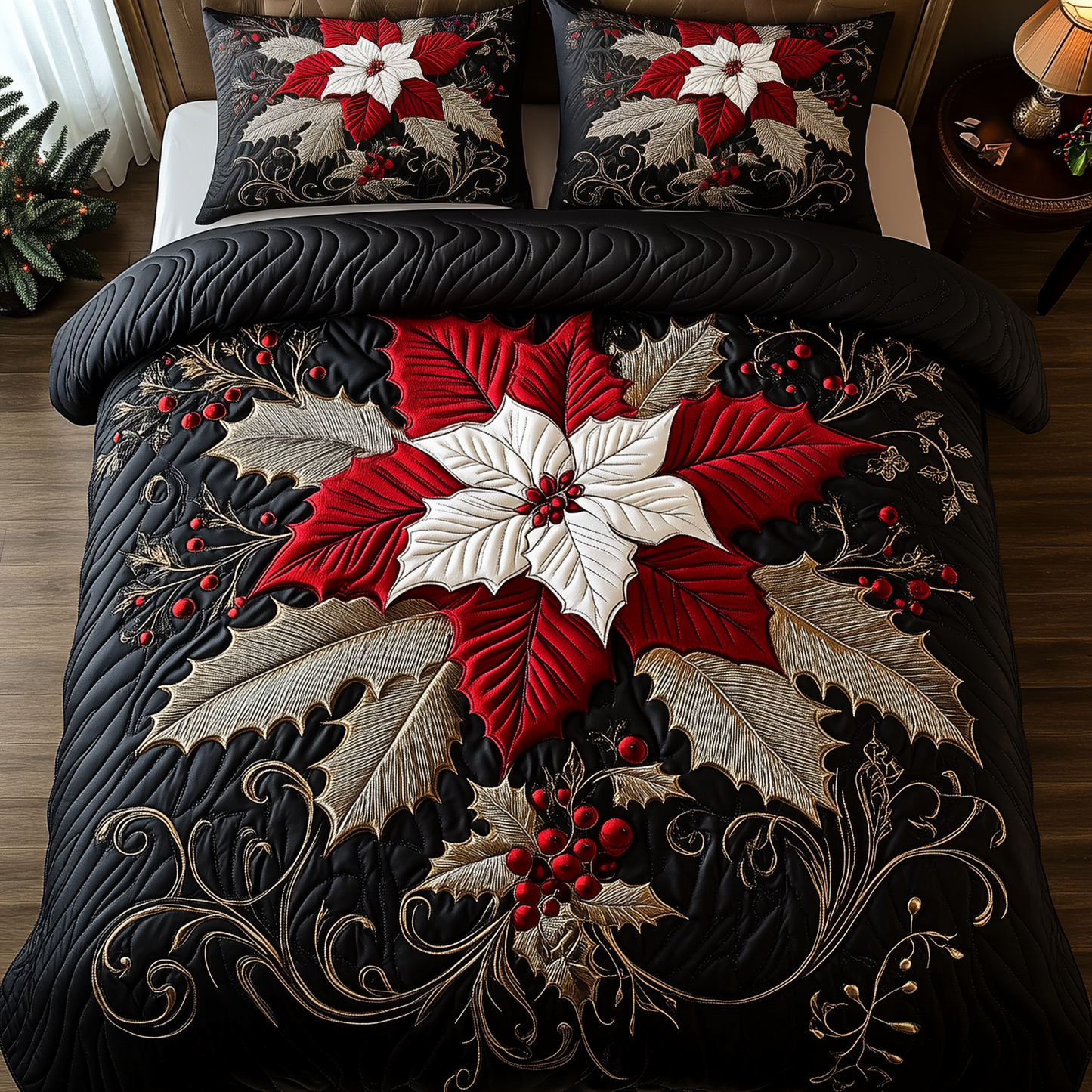 Elegant Poinsettias 3-Piece Quilted Bedding Set GFTOTP1123
