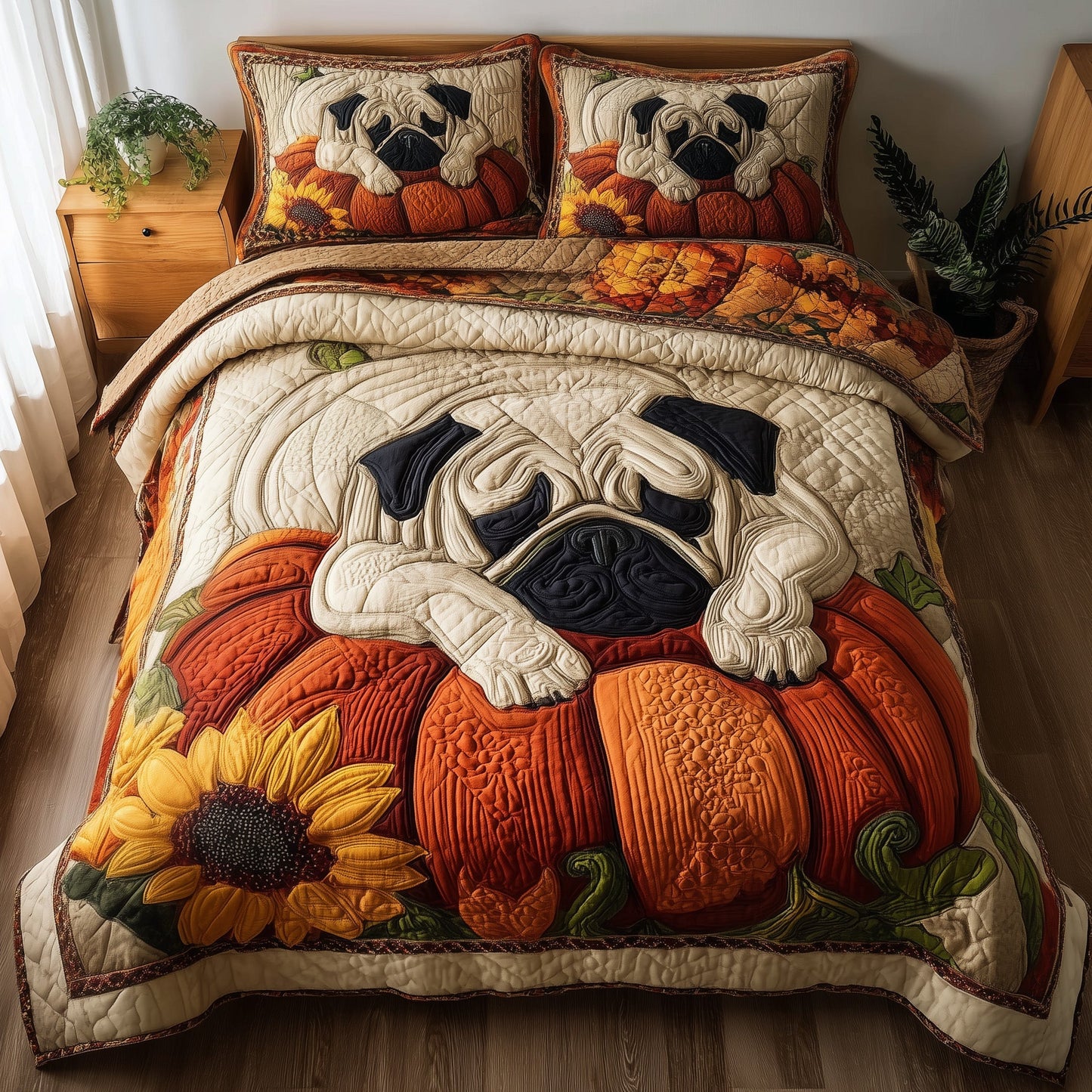 Pumpkin Pug 3-Piece Quilted Bedding Set GFTOTP11354