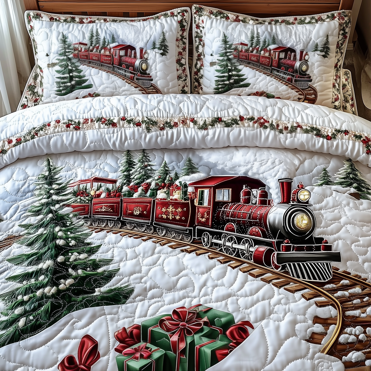 Vintage Christmas Train to Wonderland 3-Piece Quilted Bedding Set GFTOTP1216