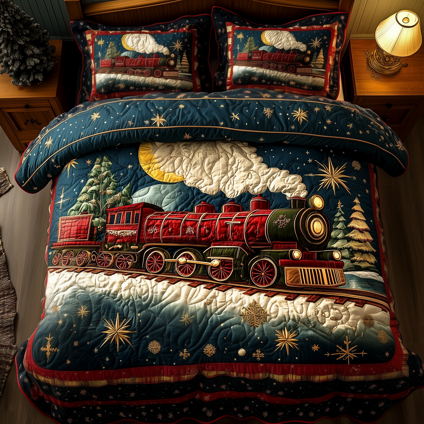 Vintage Christmas Train to Wonderland 3-Piece Quilted Bedding Set GFTOTP1219