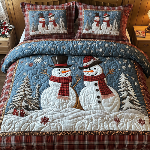Happy Snowman Couple 3-Piece Quilted Bedding Set GFTOTP1390