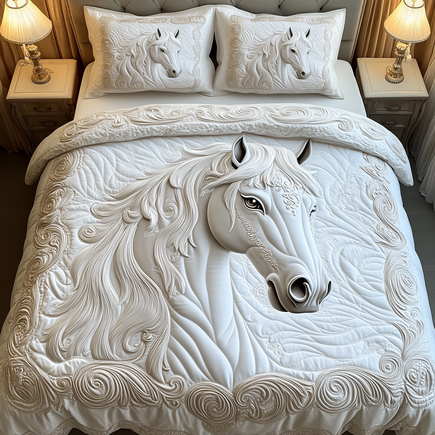 Elegant White Horse 3-Piece Quilted Bedding Set GFTOTP1414