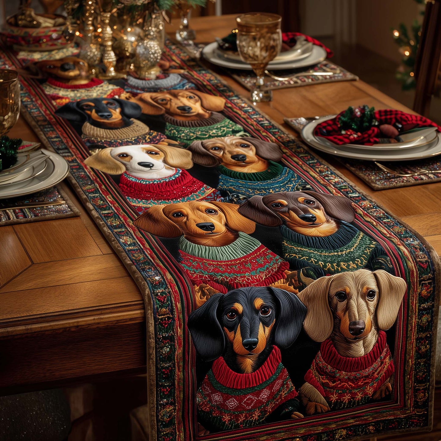 Merry Dachshund Charm Quilted Table Runner GFTOTP15407
