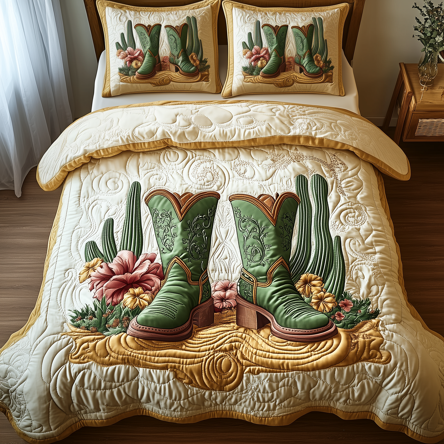 Vintage Cowboy Boots 3-Piece Quilted Bedding Set GFTOTP1541