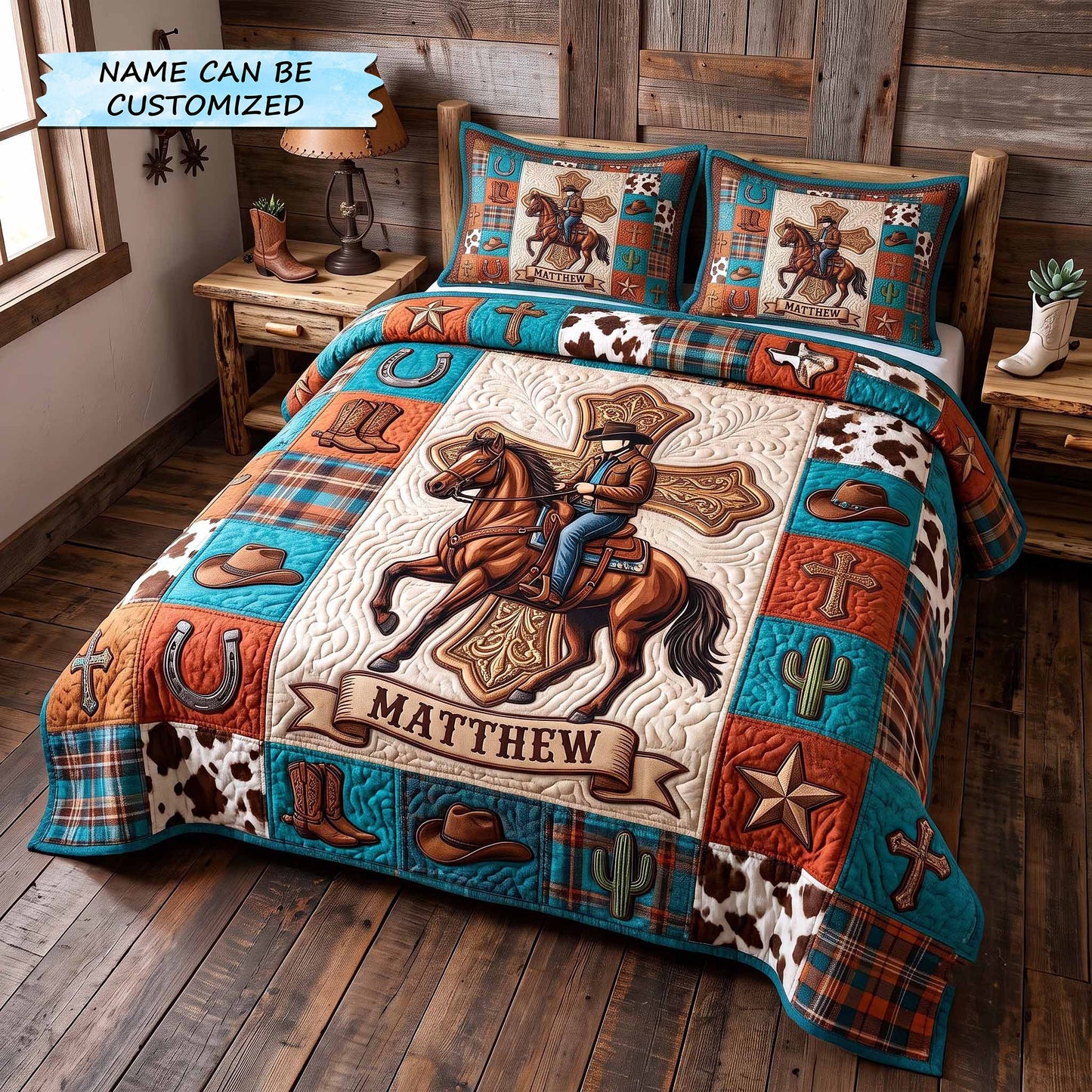 Personalized Cowboy Spirit 3-Piece Quilted Bedding Set QTCUZ GFTOTP20182
