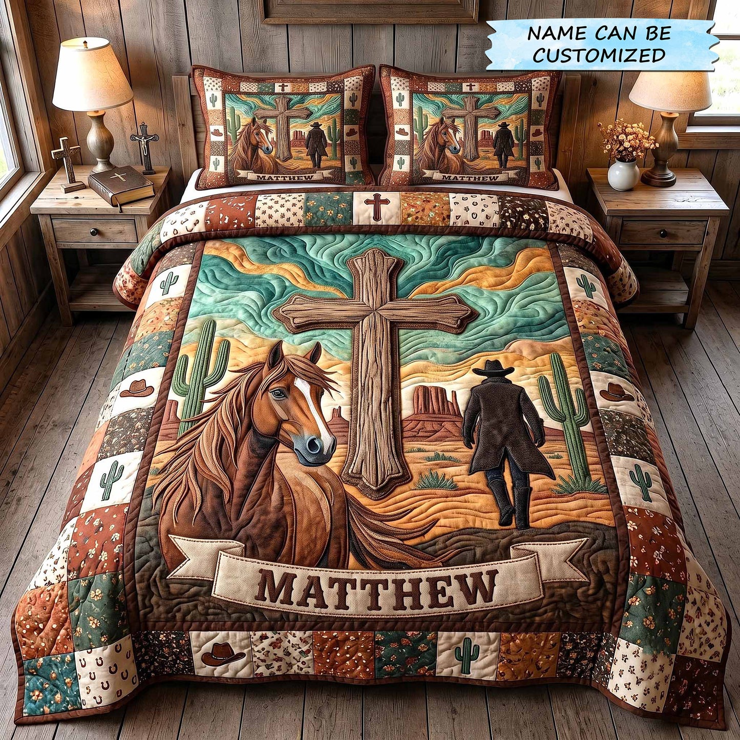 Personalized Cowboy Spirit 3-Piece Quilted Bedding Set QTCUZ GFTOTP20184
