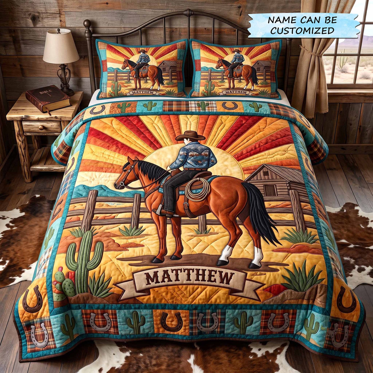 Personalized Cowboy Spirit 3-Piece Quilted Bedding Set QTCUZ GFTOTP20186