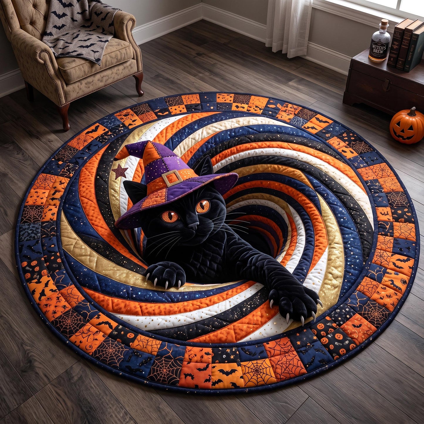 Midnight Black Cat Quilted Round Mat GFTOTP20792