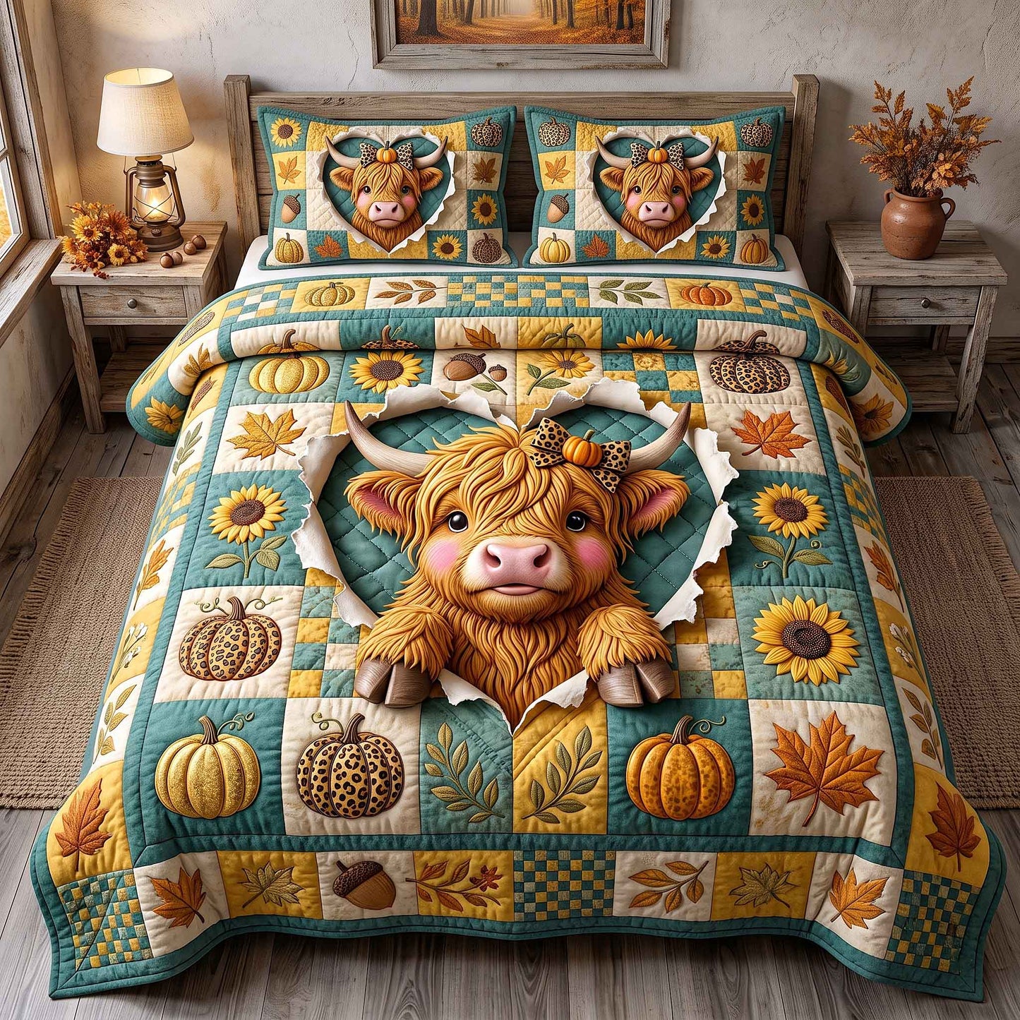 Fall Highland Cow 3-Piece Quilted Bedding Set GFTOTP21157